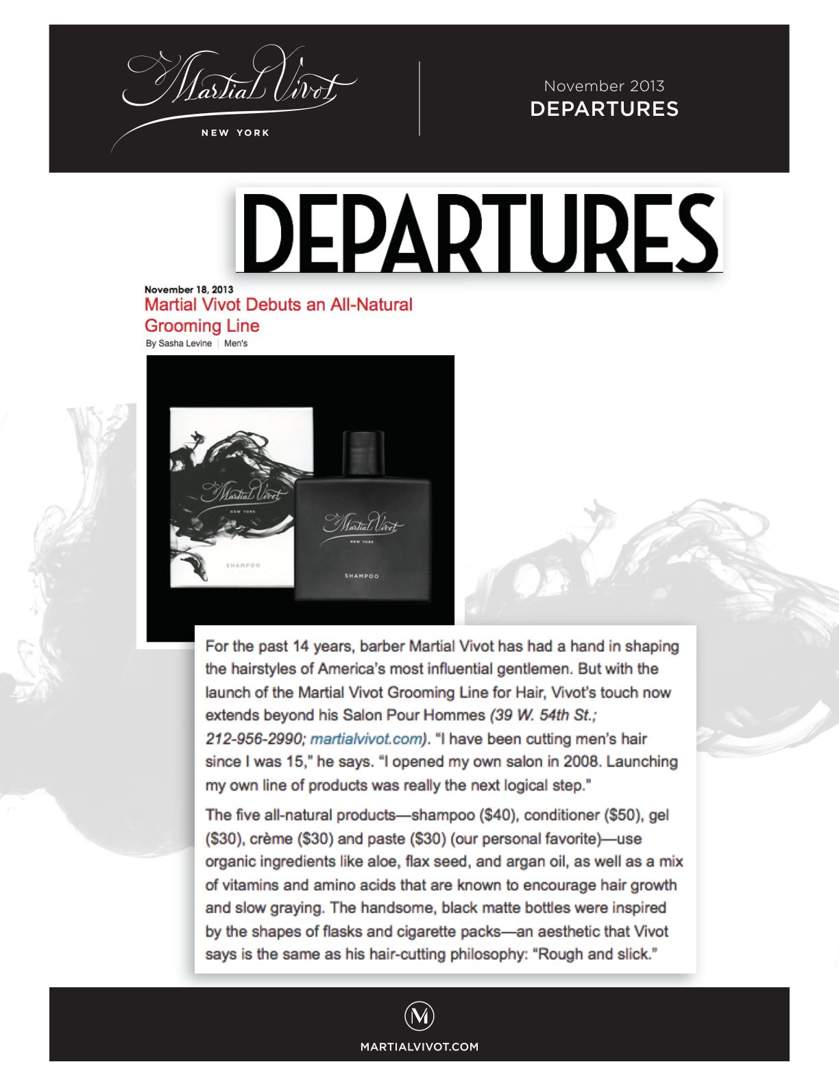 The 2013 Departures article announcing the Martial Vivot all-natural grooming line.