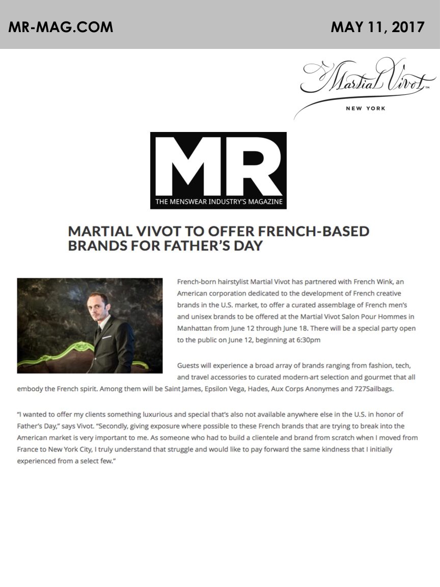 The 2017 MR Magazine article on Martial Vivot hosting French brands for Father’s Day.