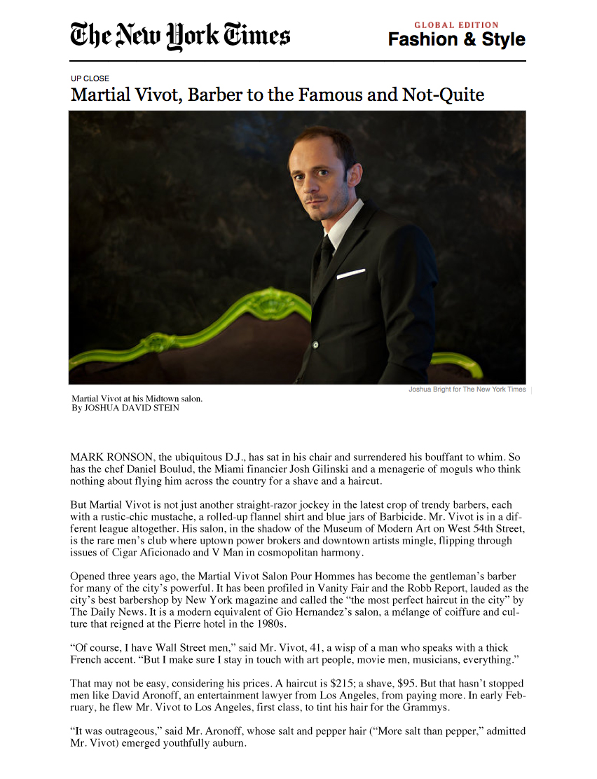 Page one of the 2011 New York Times profile of Martial Vivot, with a portrait of him at his Midtown salon.