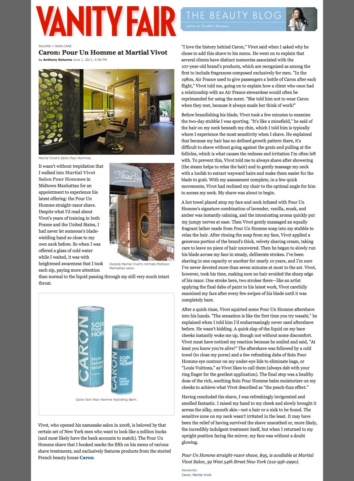 The 2011 Vanity Fair Beauty Blog article on the Pour Un Homme straight-razor shave at Martial Vivot Salon Pour Hommes.