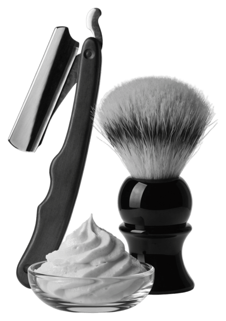 A straight razor, shaving brush and shave cream — the grooming service at Martial Vivot