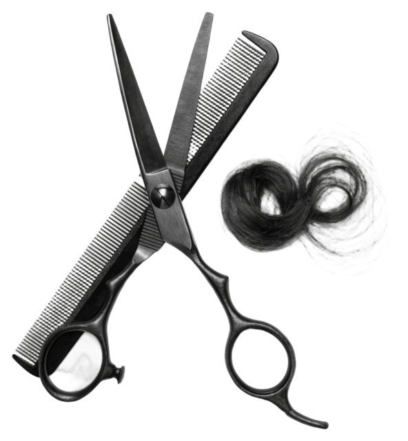 Hairdressing scissors, a styling comb and a lock of hair — the haircut service at Martial Vivot